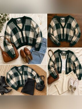 Vintage Y2K Jones New York Hand Knit Checkerboard Cotton Cardigan M